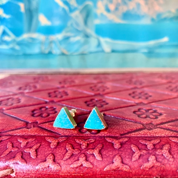 Genuine Turquoise 14k Plated Gold Triangle Studs - Picture 3 of 8